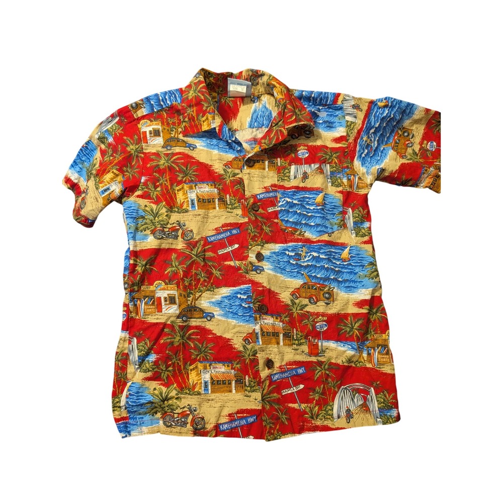 RJC Boys Hawaiian Shirt Size 10 Red Waimea Bay Woody Car Scenic Made in Hawaii